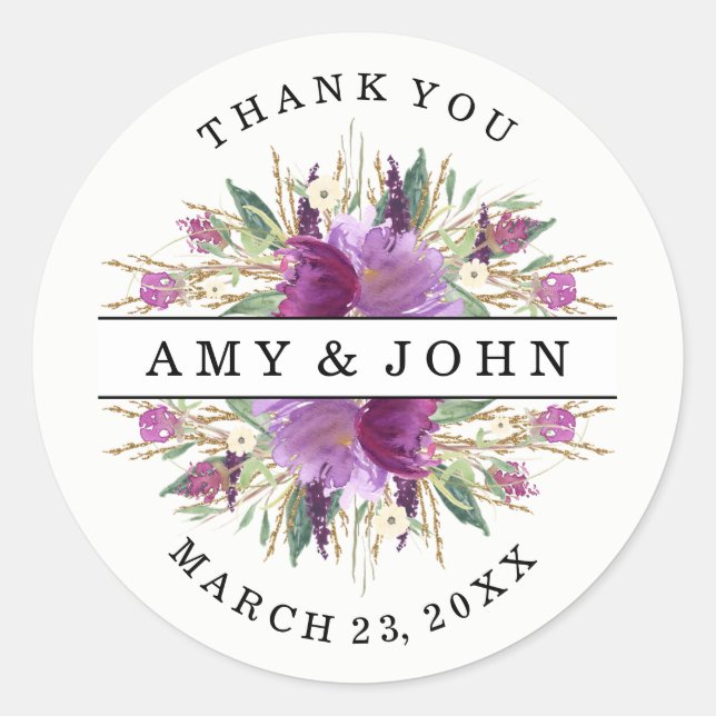 Modern Watercolor Purple Floral Wedding Sticker (Front)