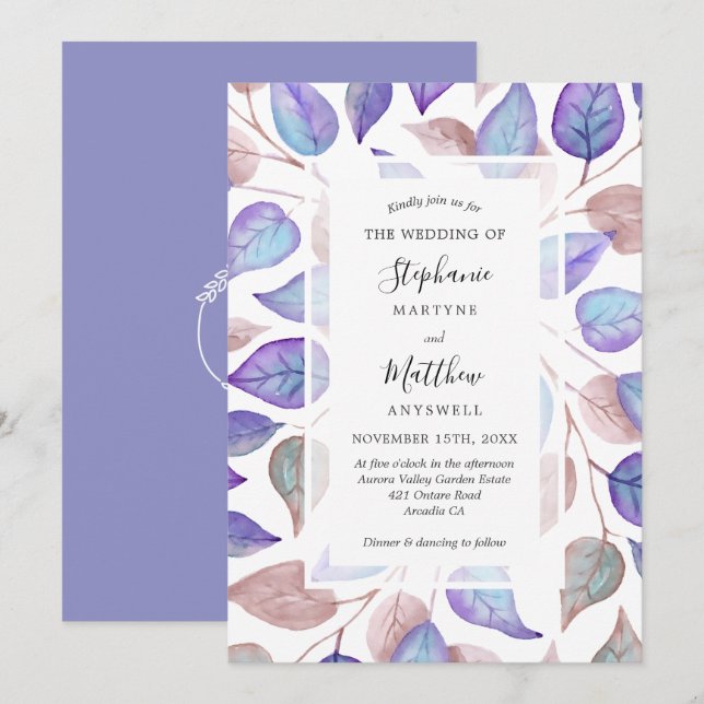 Modern Watercolor Purple Leaves Foliage Wedding Invitation (Front/Back)