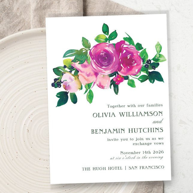 Modern Watercolor Purple Magenta Floral Wedding Invitation (Creator Uploaded)