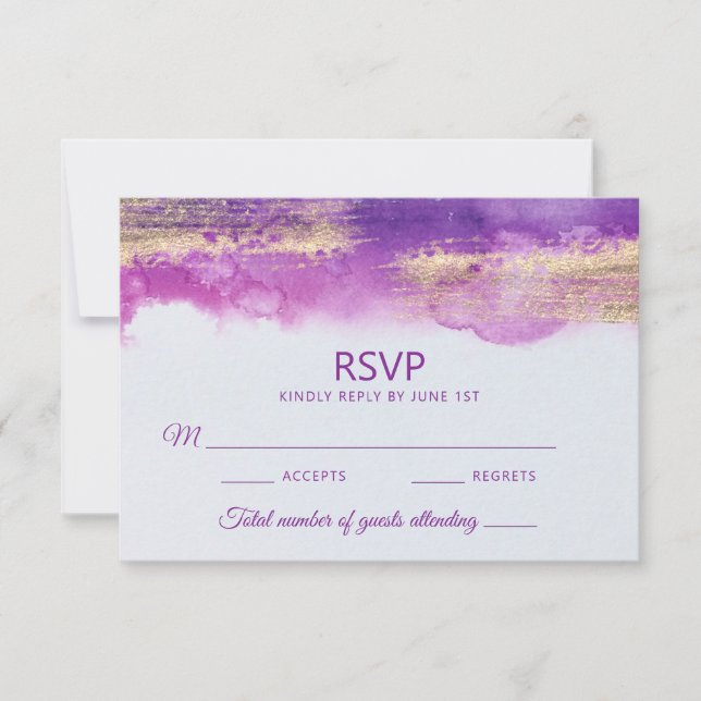 Modern Watercolor Purple Mauve Violet Gold Wedding RSVP Card (Front)
