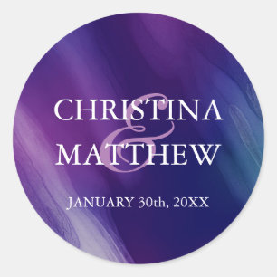 Modern Watercolor Purple Navy Blue Wedding Classic Round Sticker