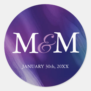Modern Watercolor Purple Navy Blue Wedding Classic Round Sticker