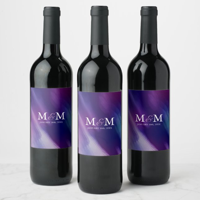 Modern Watercolor Purple Navy Blue Wedding Wine Label (Bottles)