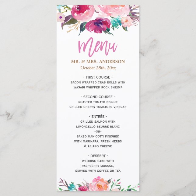Modern Watercolor Purple Pink Floral Wedding Menu (Front)