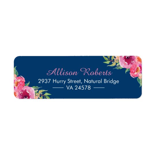 Modern Watercolor Purple Red Pink Floral Navy Blue Return Address Label