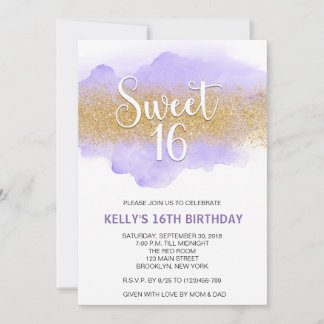 Modern Watercolor Purple Sweet 16 Sixteen Invitation