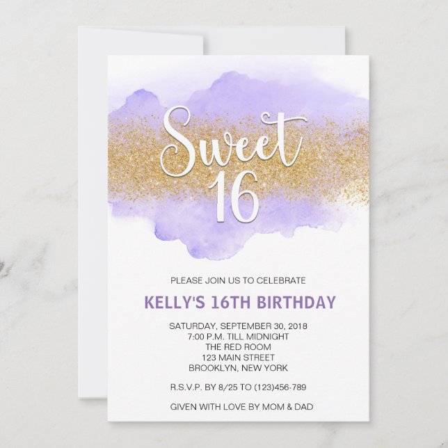 Modern Watercolor Purple Sweet 16 Sixteen Invitation (Front)
