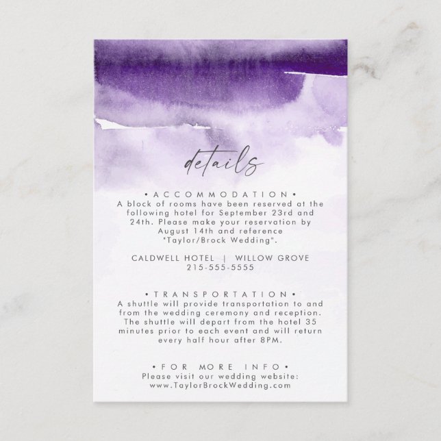 Modern Watercolor | Purple Wedding Details Enclosure Card (Front)