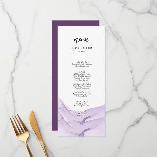 Modern Watercolor Purple Wedding Menu (Front/Back In Situ)