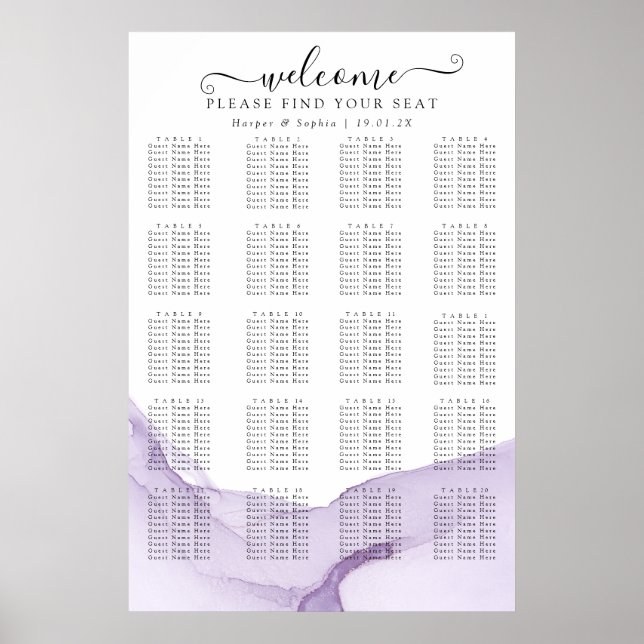 Modern Watercolor Purple Wedding Seating Poster (Front)
