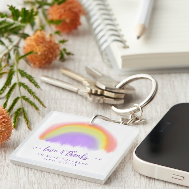 Modern watercolor rainbow teacher thank you gift key ring (Front Right)