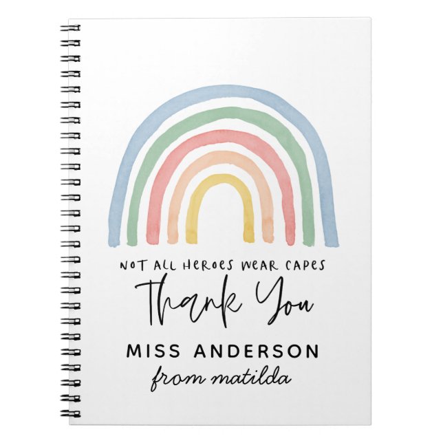 Modern watercolor rainbow teacher thank you gift notebook (Front)