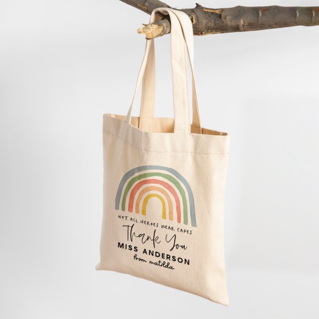 Modern watercolor rainbow teacher thank you gift tote bag (Creator Uploaded)