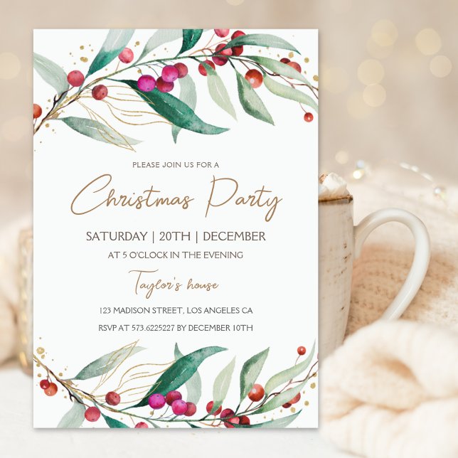 Modern Watercolor Red Berry Christmas Party  Invitation (Creator Uploaded)