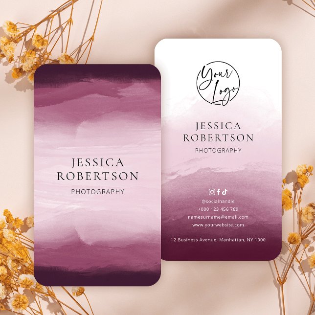 Modern Watercolor Red Burgundy Professional Logo Business Card (Elegant burgundy watercolor business cards with your logo and fully customizable text)