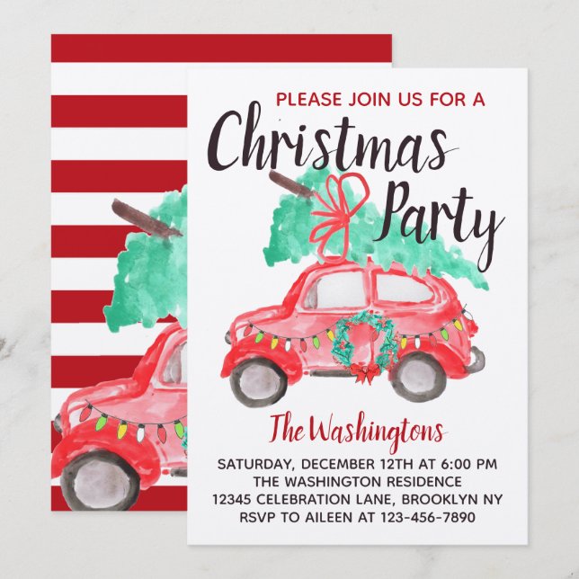 Modern Watercolor Red Car Truck Christmas Party Invitation (Front/Back)