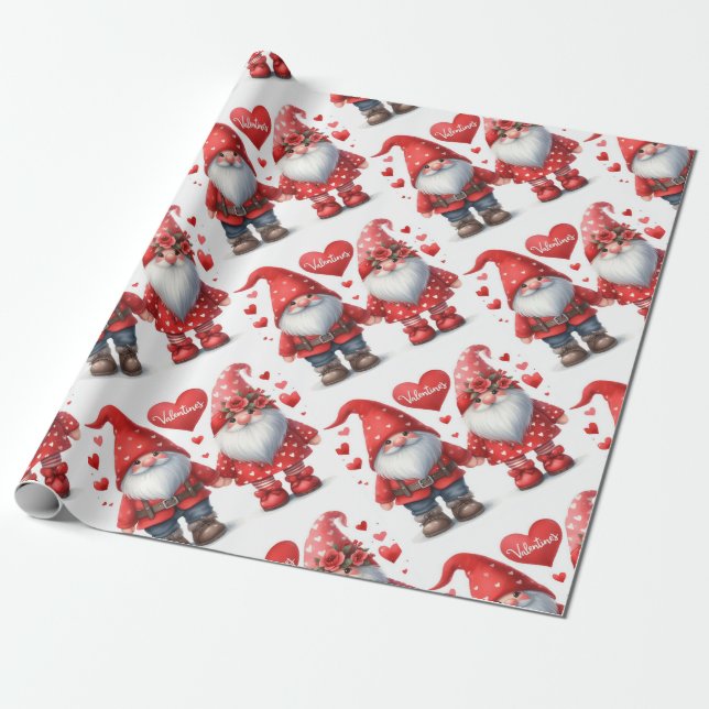 Modern watercolor red cute valentine gnome couple wrapping paper (Unrolled)