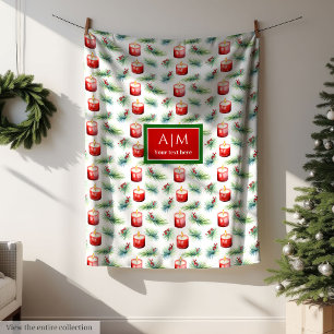 Modern watercolor red green monogram gift throw fleece blanket