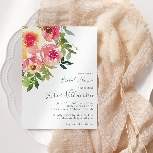 Modern Watercolor Red Pink Floral Bridal Shower Invitation (Creator Uploaded)
