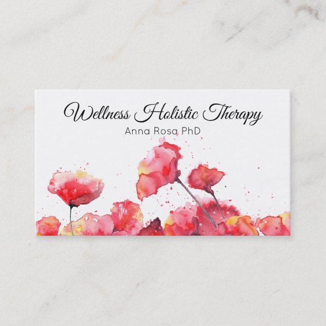 *~* Modern Watercolor Red Poppy Flower Floral Business Card (Front)