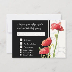 Modern Watercolor Red Poppy Poppies Swirls Black RSVP Card