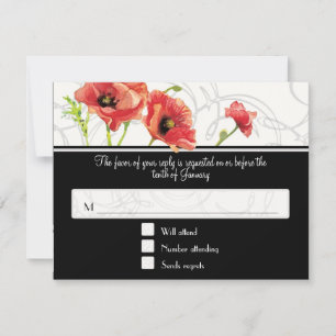Modern Watercolor Red Poppy Poppies Swirls Black RSVP Card