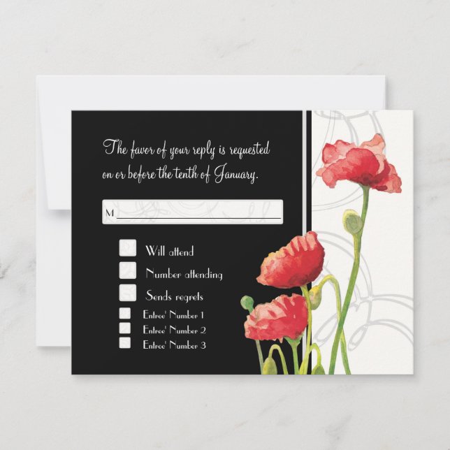 Modern Watercolor Red Poppy Poppies Swirls Black RSVP Card (Front)