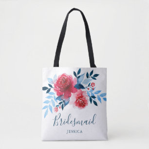 Modern Watercolor Red Roses Floral Bridesmaid Tote Bag