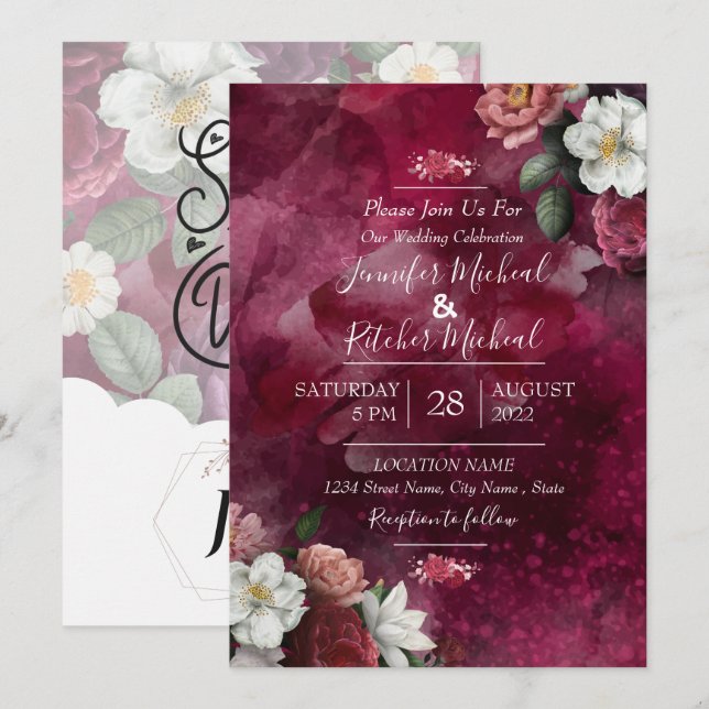 Modern Watercolor Red ruby Burgundy floral theme  Invitation (Front/Back)
