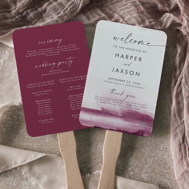 Modern Watercolor | Red Wedding Program Hand Fan (Creator Uploaded)