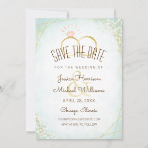 Modern Watercolor Rings Twigs Bloom Teal Geometric Save The Date