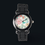 Modern watercolor Romantic Floral Dragonfly Heart Watch<br><div class="desc">NOTE: This style watch has a smaller length band than normal. If you have a large wrist don't order it. COLOR PALETTE: blush pink background with sky blue, mint, butter yellow, red and pink roses DESIGN COLLECTION: Hand watercolored images of modern flowers in a heart shape with a dot flower...</div>