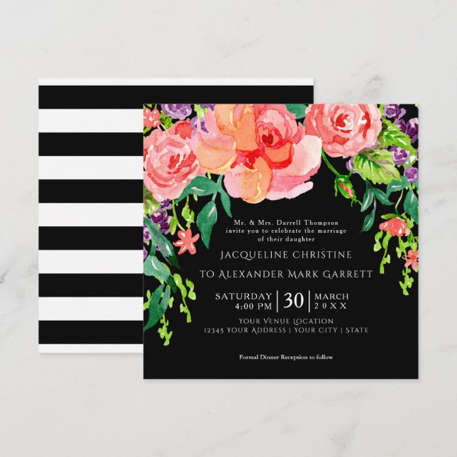 Modern Watercolor Rose Floral Wedding Black Ground Invitation (Front/Back)