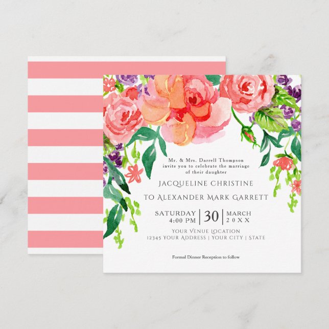 Modern Watercolor Rose Floral Wedding Invitation (Front/Back)