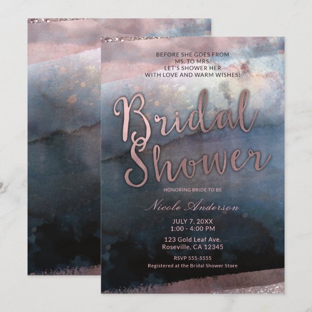 Modern Watercolor Rose Gold & Blue Bridal Shower Invitation (Front/Back)