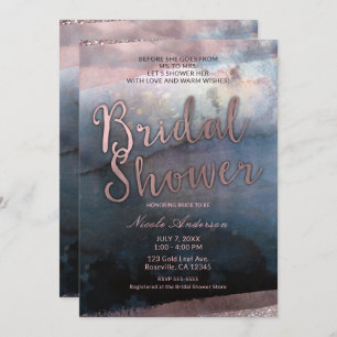 Modern Watercolor Rose Gold & Blue Bridal Shower Invitation