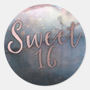 Modern Watercolor Rose Gold & Blue Sweet 16 Party Classic Round Sticker