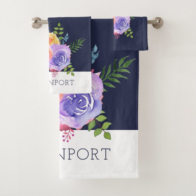 Modern Watercolor Roses Floral Bouquet Bath Towel Set (Insitu)