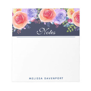 Modern Watercolor Roses Floral Bouquet Blue Border Notepad