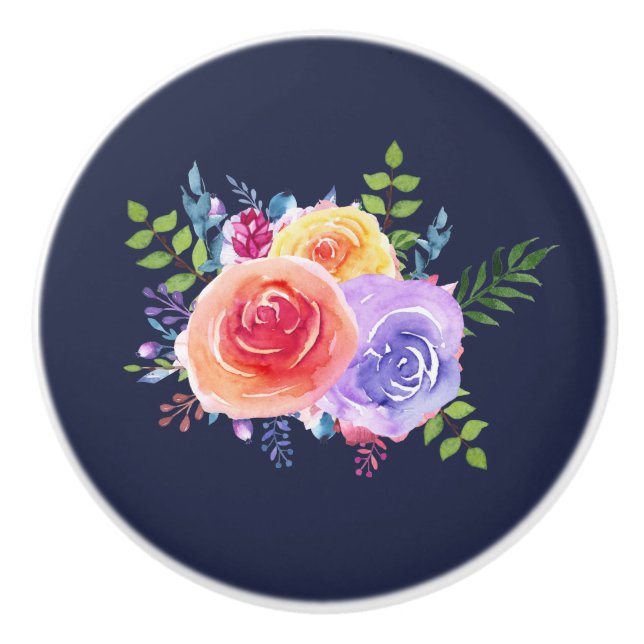 Modern Watercolor Roses Floral Bouquet Ceramic Knob (Front)