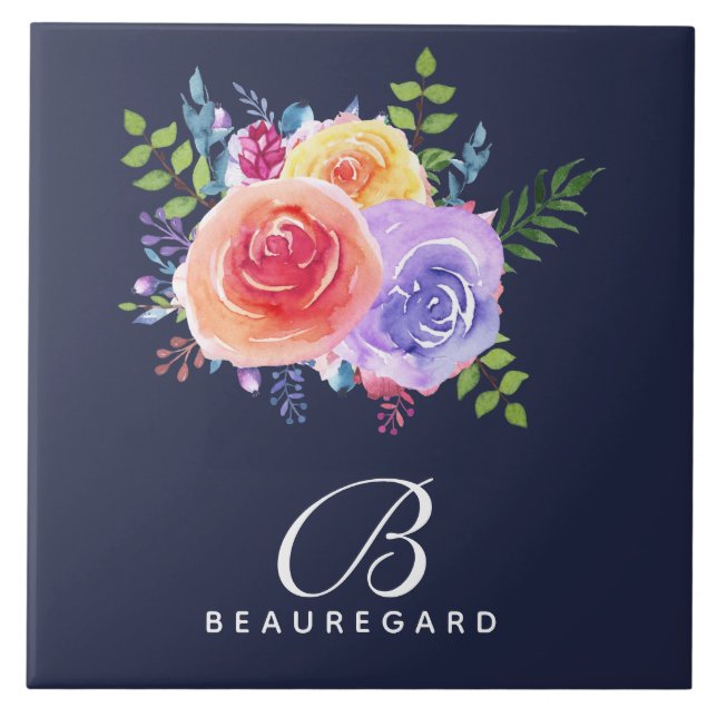 Modern Watercolor Roses Floral Bouquet  Monogram Tile (Front)