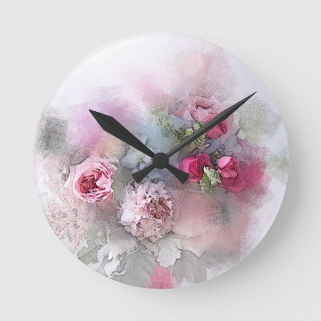 Modern Watercolor Roses Flowers Floral Elegant Round Clock (Front)