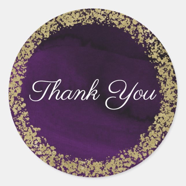 Modern Watercolor Royal Purple & Gold Wedding Classic Round Sticker (Front)