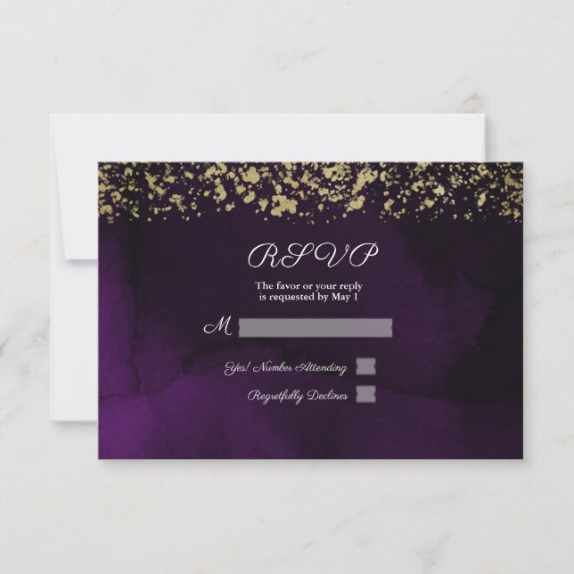 Modern Watercolor Royal Purple & Gold Wedding RSVP (Front)