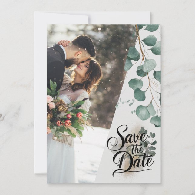 Modern watercolor safe green eucalyptus wedding  save the date (Front)