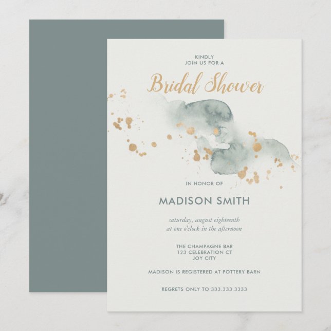 Modern Watercolor Sage Green Gold Bridal Shower Invitation (Front/Back)