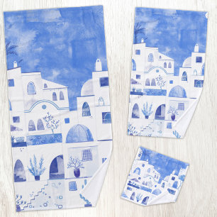 Modern Watercolor Santorini Greek Island Bath Towel Set