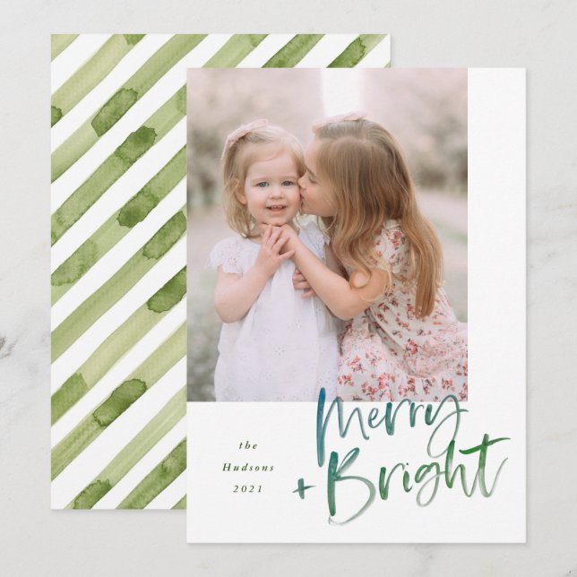 Modern Watercolor Script Merry and Bright Holiday  Card (Front/Back)
