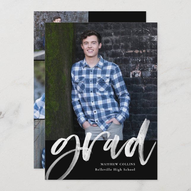 Modern Watercolor Script Photo Boy Graduation Announcement (Front/Back)