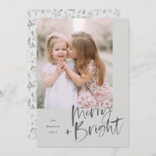 Modern Watercolor Script Sage Green Merry Bright Holiday Card (Front/Back)